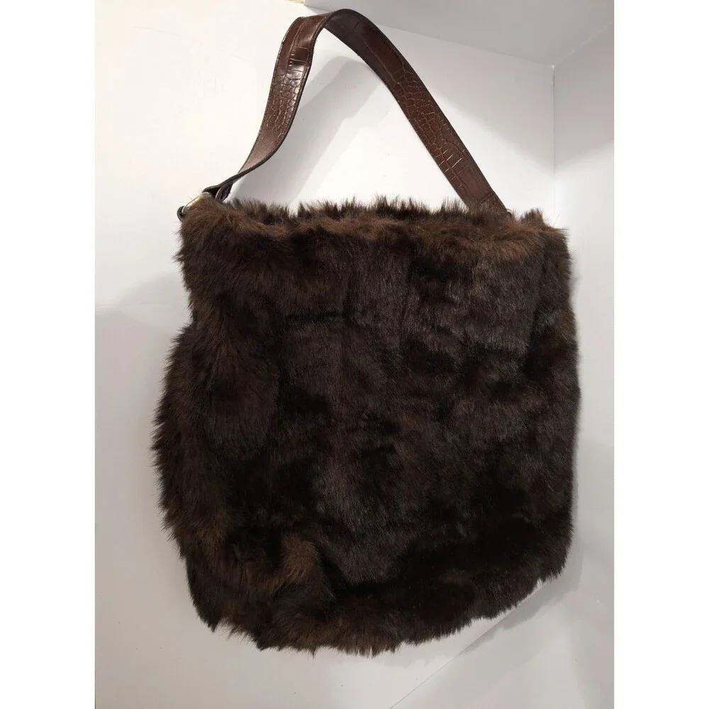 Bath & Body Works Faux Fur Purse Brown Shoulder Bag Oversized Vtg Y2K Style Hobo